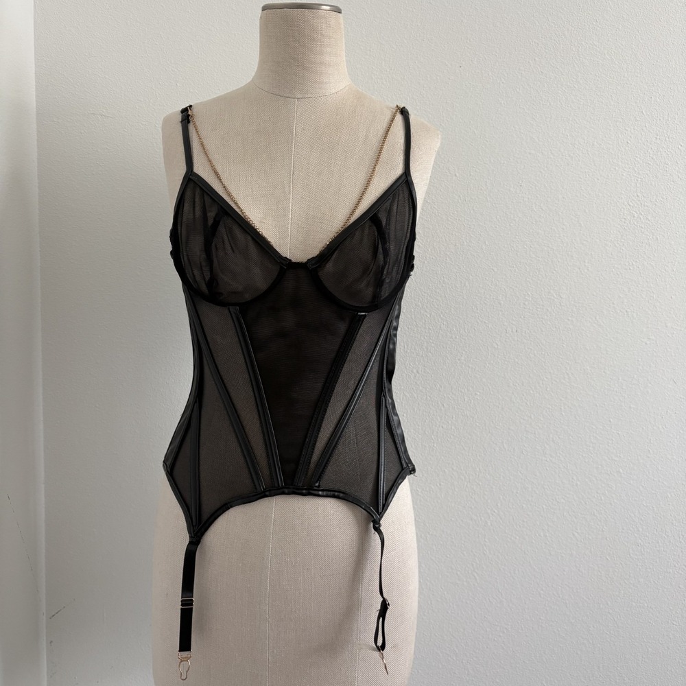 Fredericks Of Hollywood Black Mesh Corset Bustier Garter Vintage 90s Chain